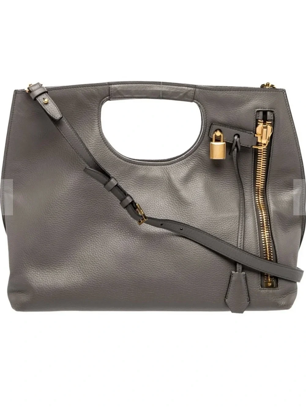 Gray Leather Tote with Gold Hardware - Sleek Women's Shoulder Bag
